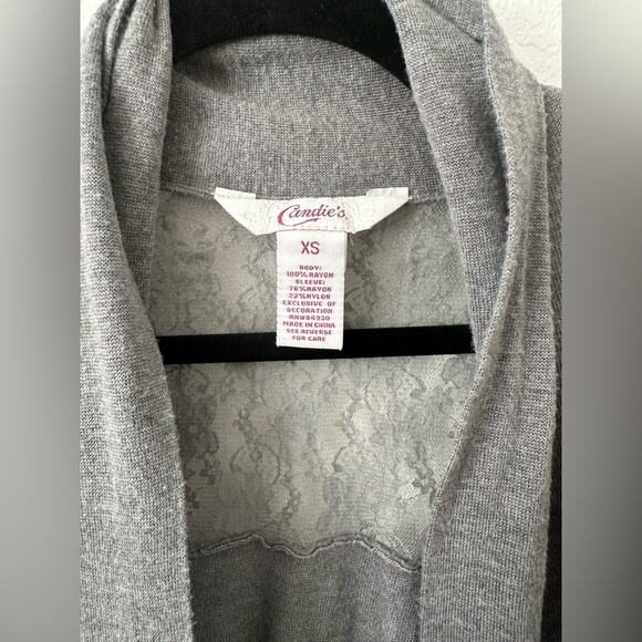 Candie’s XS Gray Open Front Women's Sweater With Lace Detail On The Back - Picture 2 of 6